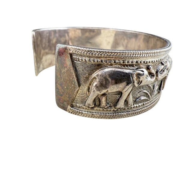 Sterling Silver Elephant Cuff Bracelet Embossed Safari Design Tribal Jewelry 925 - Picture 2 of 8